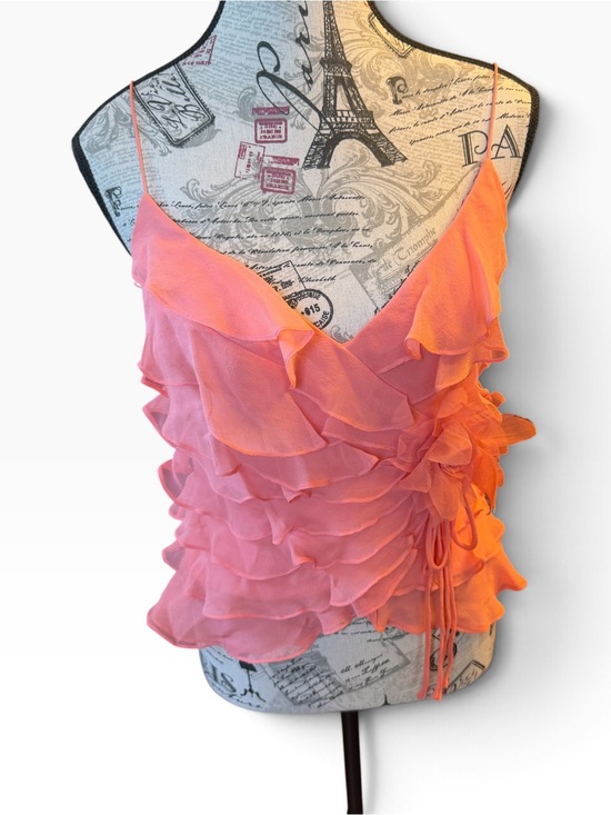 Cache Tops - Caché Coral Pink 100% Silk Ruffle Rosette Cami Top Size 4